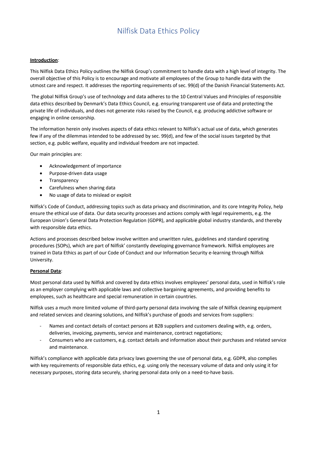 Nilfisk Data Ethics Policy 2025