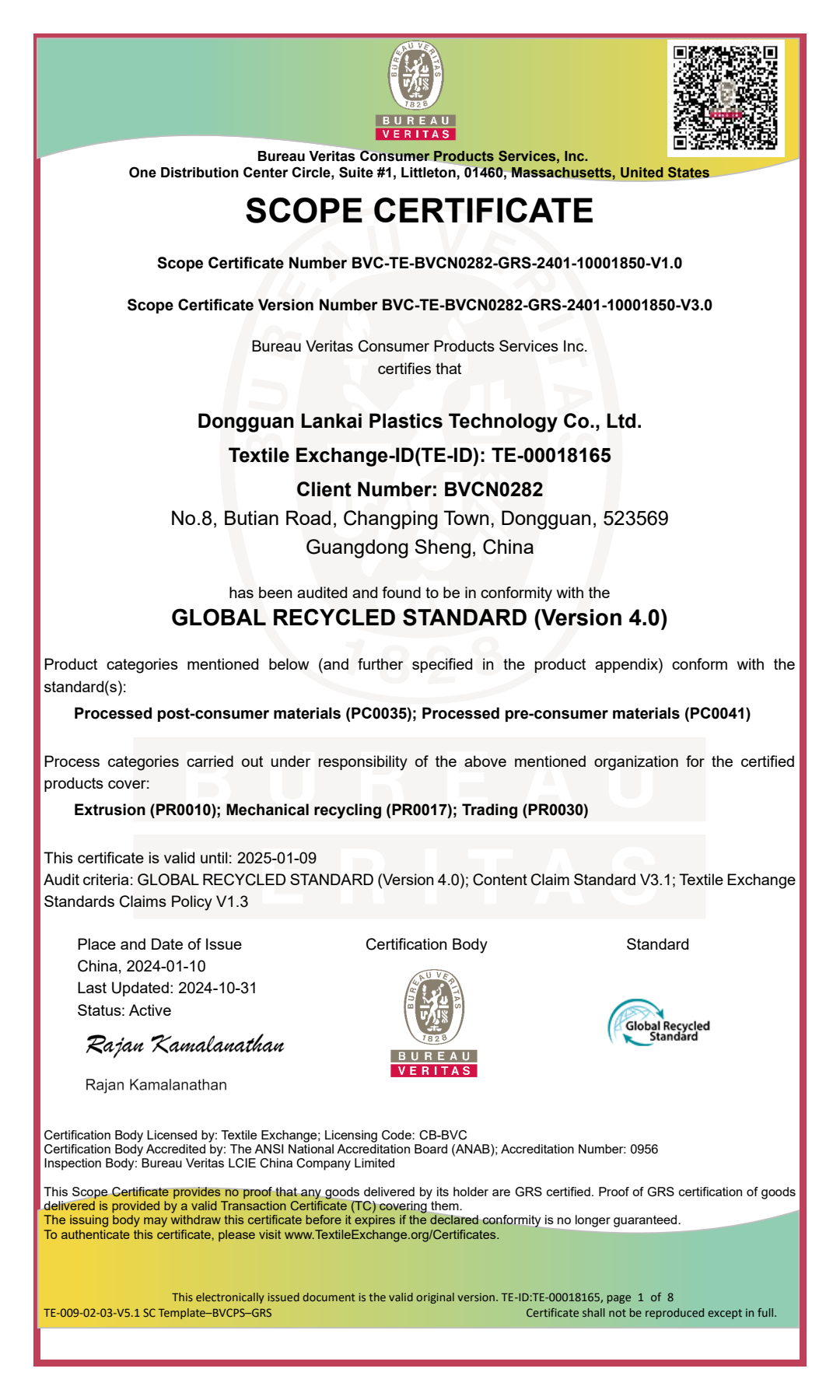 Certificate GRS Dongguan Lankai Plastic