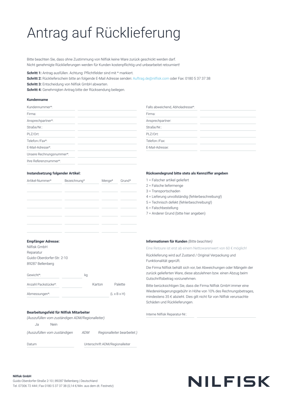 DE Formular Rücklieferung Return Delivery Form Document