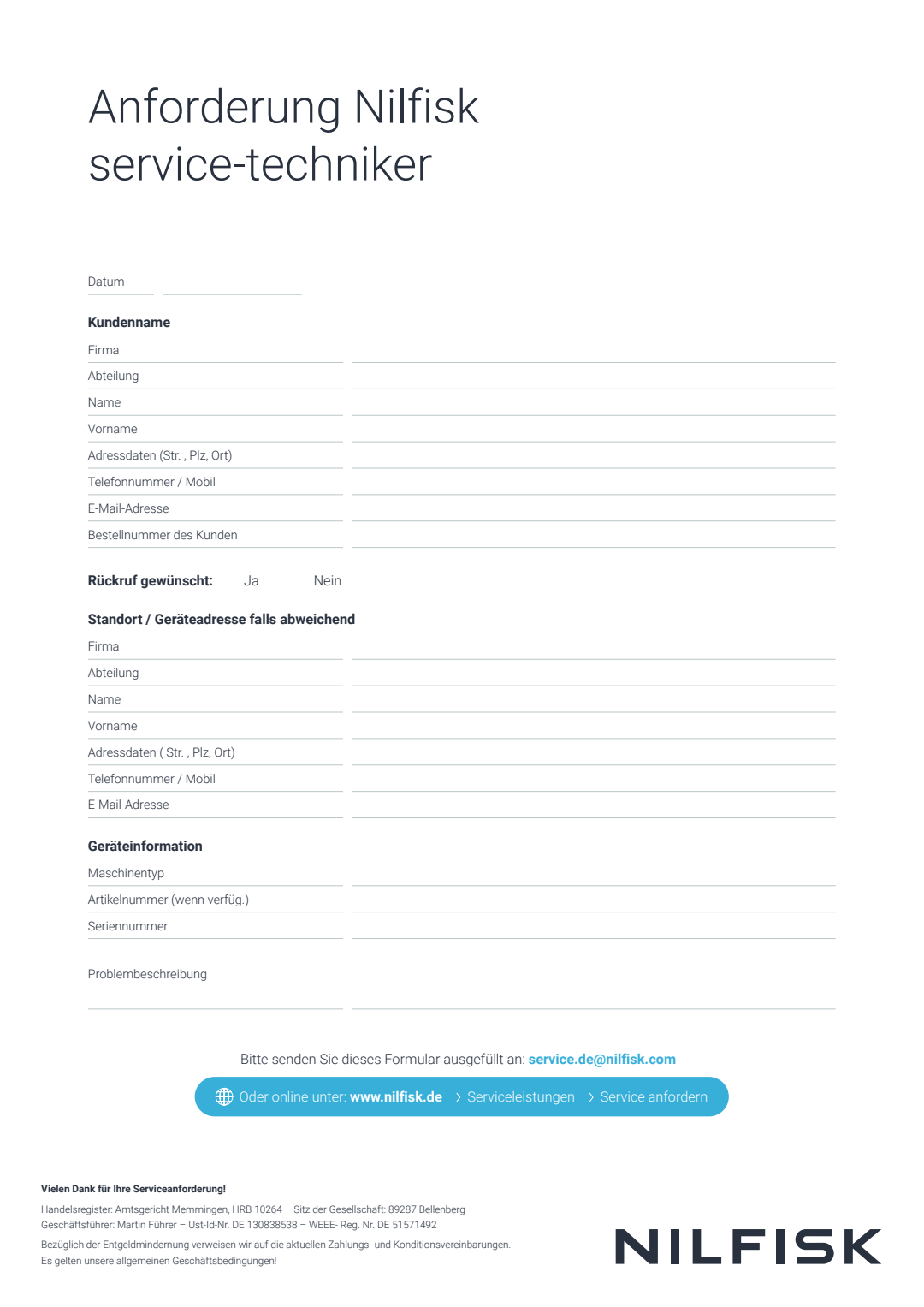 DE Servicetechniker Anfrage Technician Request Form Document