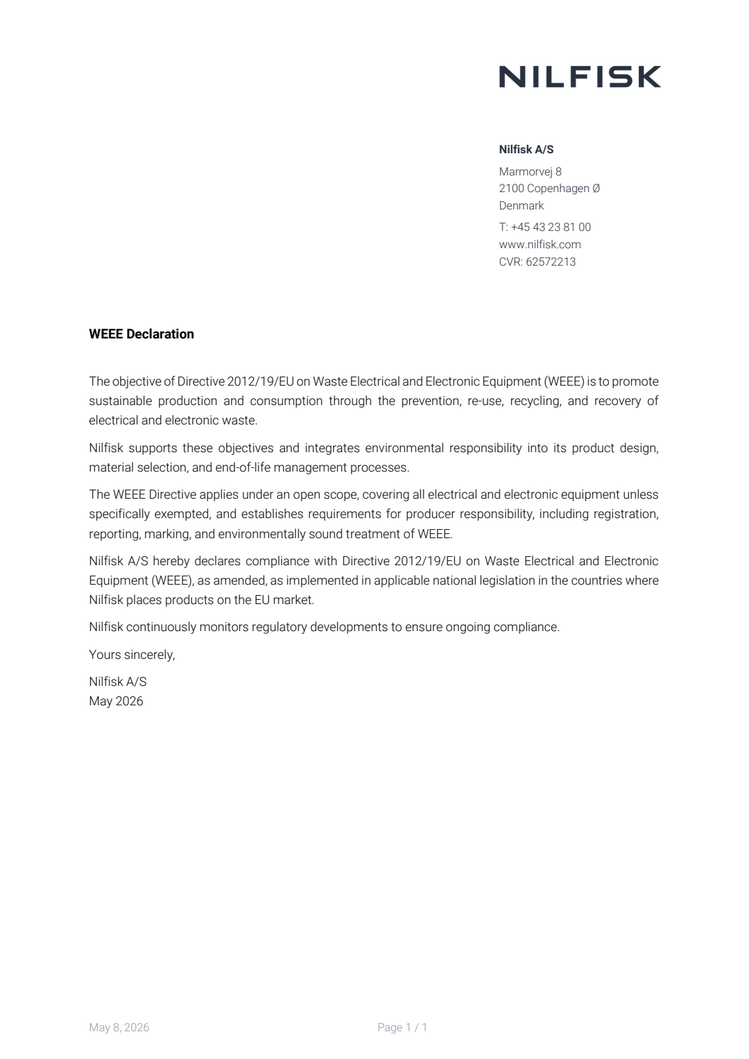 Nilfisk WEEE Declaration - May 2026