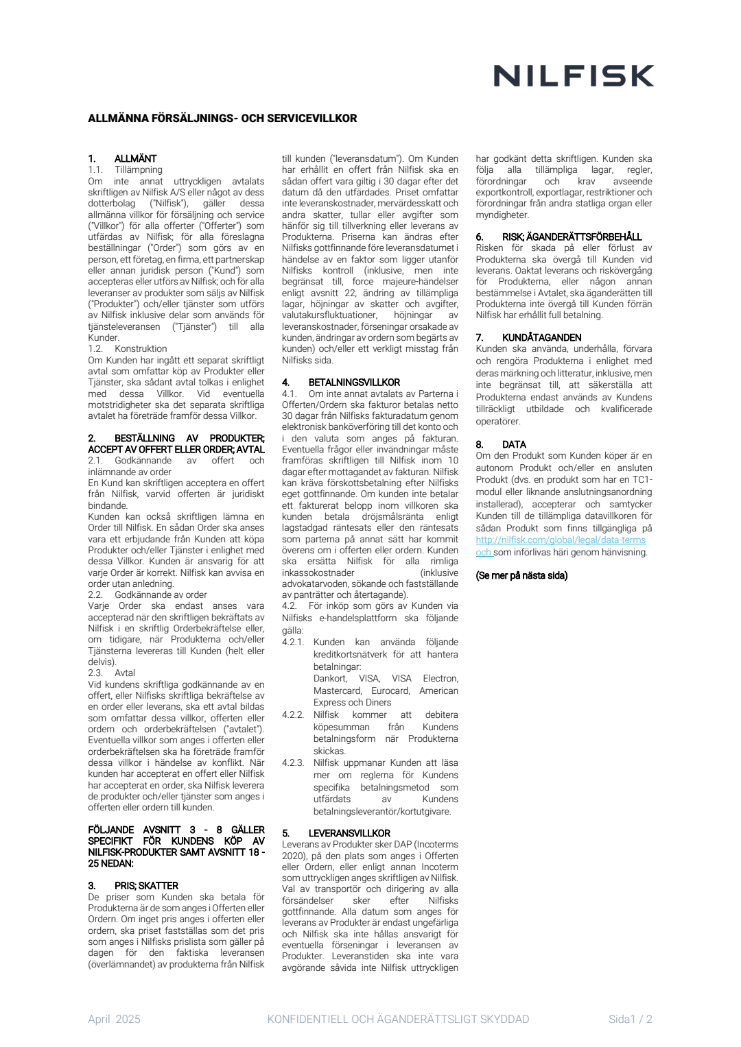 SE Nilfisk General Terms And Conditions Of Sale And Service Valid From June 2025